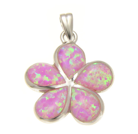 925 Sterling Silver Rhodium Pink Opal Hawaiian Plumeria Flower Pendant 12-25mm