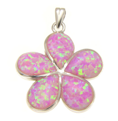 925 Sterling Silver Rhodium Pink Opal Hawaiian Plumeria Flower Pendant 12-25mm
