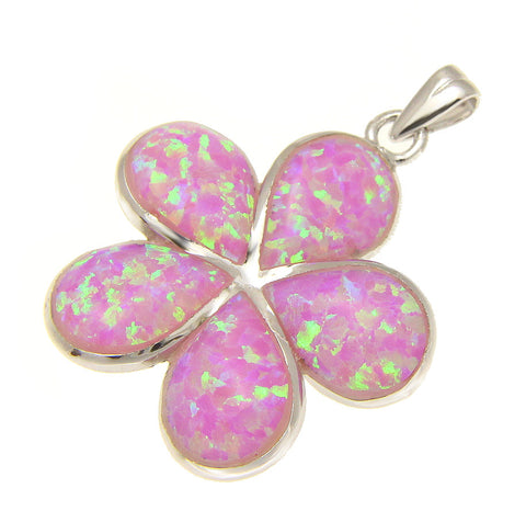 925 Sterling Silver Rhodium Pink Opal Hawaiian Plumeria Flower Pendant 12-25mm