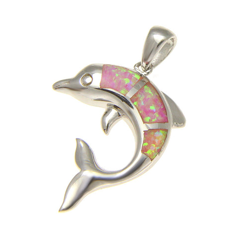 925 Sterling Silver Rhodium Hawaiian Dolphin Pink Opal Pendant Charm