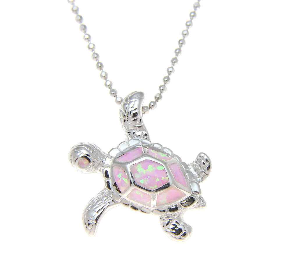 925 Sterling Silver Rhodium Hawaiian Honu Sea Turtle Pink Opal