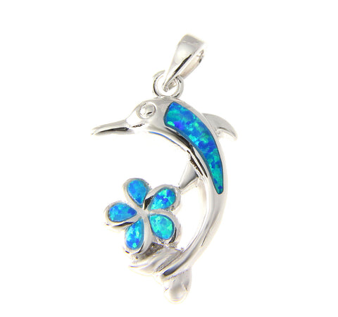 925 Sterling Silver Rhodium Hawaiian Blue Opal Plumeria Flower Dolphin Pendant