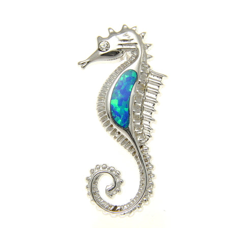 925 Sterling Silver Rhodium Hawaiian Seahorse Blue Opal CZ Slider Pendant