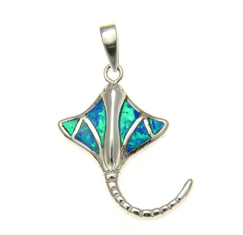 925 Sterling Silver Rhodium Hawaiian Stingray Fish Blue Opal Pendant Charm