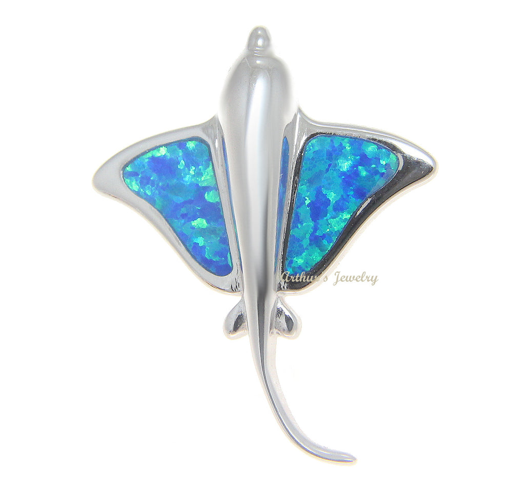 925 Sterling Silver Rhodium Hawaiian 23mm Stingray Fish Blue Opal Slider Pendant
