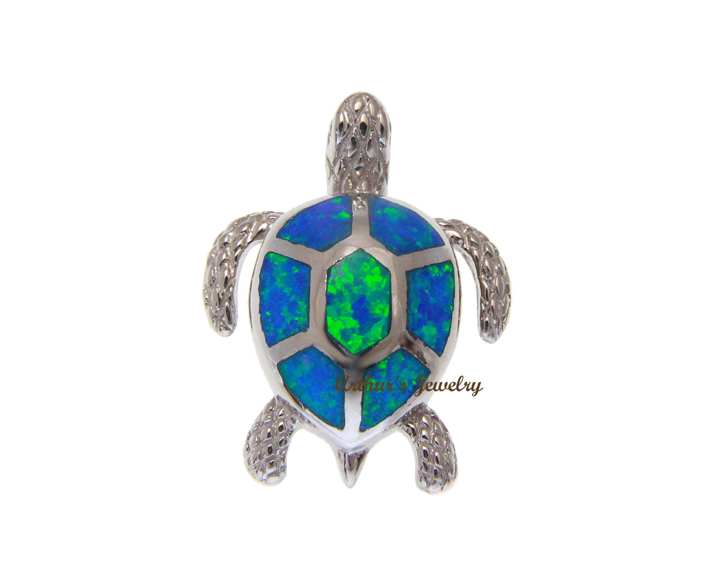 925 Sterling Silver Hawaiian Honu Sea Turtle Blue Opal Slider Pendant