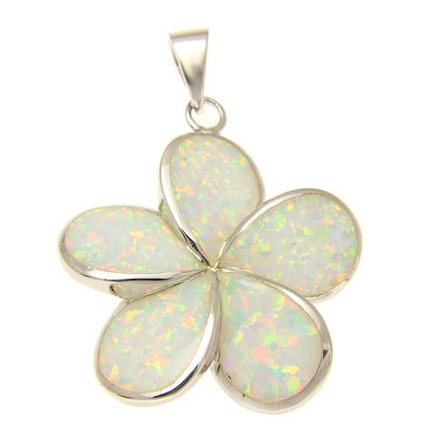 925 Sterling Silver Rhodium White Opal Hawaiian Plumeria Flower Pendant 12-30mm