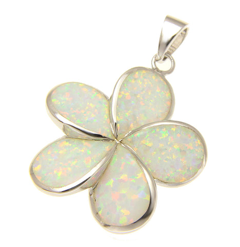 925 Sterling Silver Rhodium White Opal Hawaiian Plumeria Flower Pendant 12-30mm