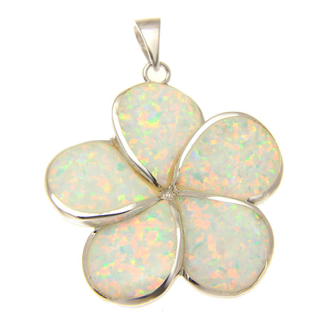 925 Sterling Silver Rhodium White Opal Hawaiian Plumeria Flower Pendant 12-30mm