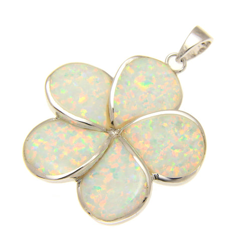925 Sterling Silver Rhodium White Opal Hawaiian Plumeria Flower Pendant 12-30mm