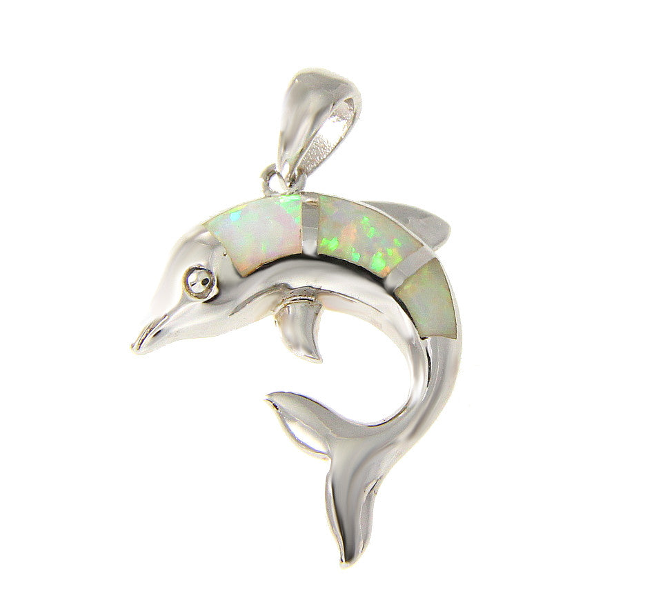 925 Sterling Silver Rhodium Hawaiian Dolphin White Opal Pendant Charm