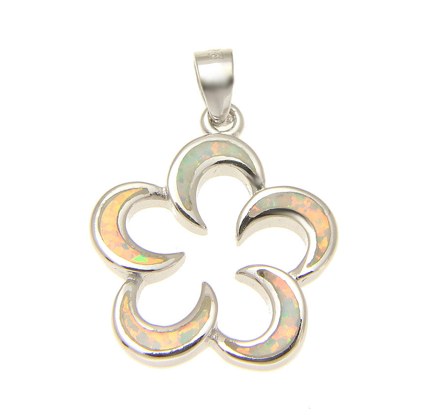 INLAY OPAL HAWAIIAN OPEN PLUMERIA FLOWER STERLING SILVER 925 PENDANT RHODIUM