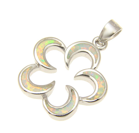 INLAY OPAL HAWAIIAN OPEN PLUMERIA FLOWER STERLING SILVER 925 PENDANT RHODIUM