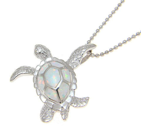 925 Sterling Silver Rhodium Hawaiian Honu Sea Turtle White Opal Slider Pendant