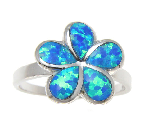 925 Sterling Silver Rhodium Hawaiian Plumeria Flower Blue Opal Ring Size 5-10