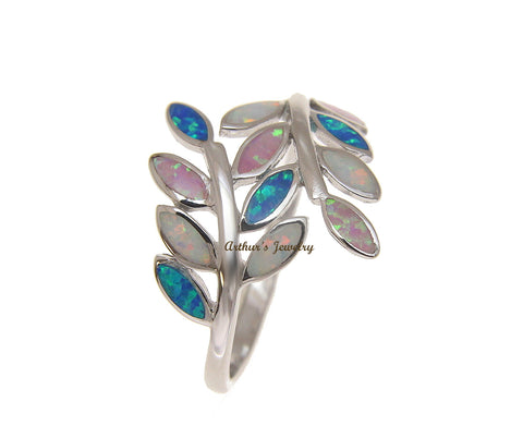 BLUE WHITE PINK TRICOLOR INLAY OPAL RING HAWAIIAN MAILE LEAF 925 STERLING SILVER