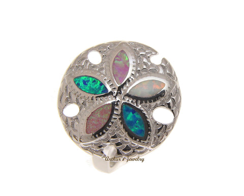 BLUE WHITE PINK TRICOLOR INLAY OPAL RING HAWAIIAN SAND DOLLAR 925 SILVER