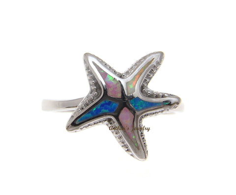 BLUE WHITE PINK TRICOLOR INLAY OPAL RING HAWAIIAN STARFISH 925 STERLING SILVER