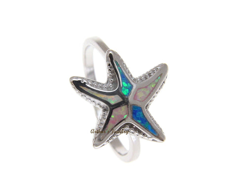 BLUE WHITE PINK TRICOLOR INLAY OPAL RING HAWAIIAN STARFISH 925 STERLING SILVER