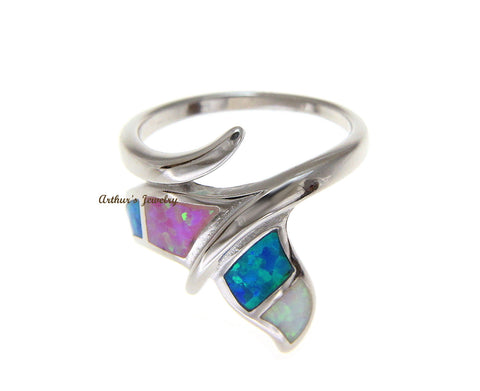 BLUE WHITE PINK TRICOLOR INLAY OPAL RING HAWAIIAN WHALE TAIL 925 STERLING SILVER