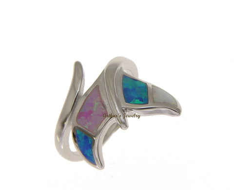 BLUE WHITE PINK TRICOLOR INLAY OPAL RING HAWAIIAN WHALE TAIL 925 STERLING SILVER