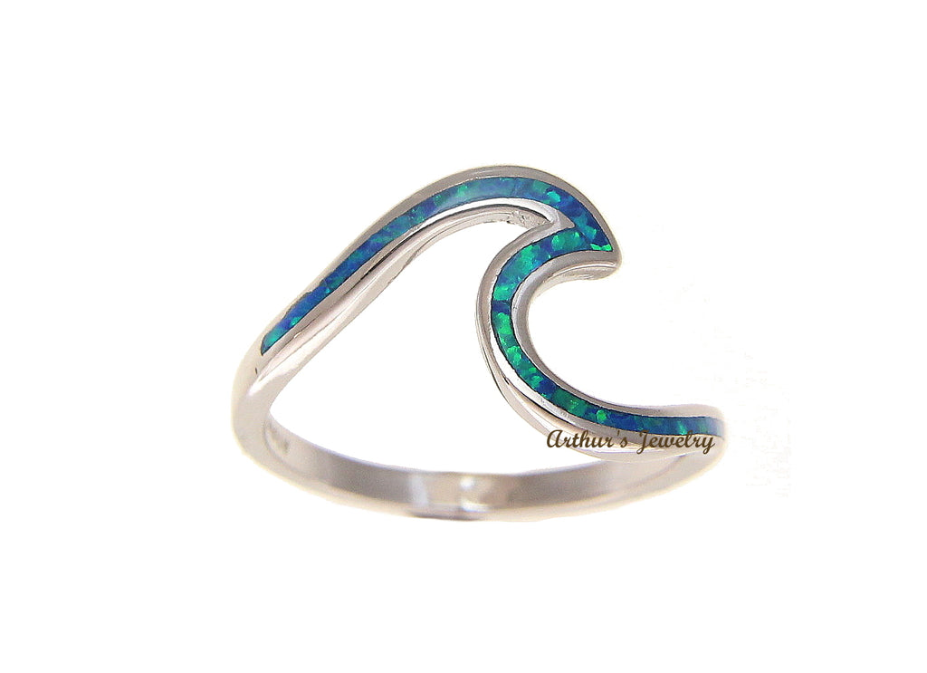925 Sterling Silver Hawaiian Ocean Wave Shape Blue Opal Ring Size 5-10