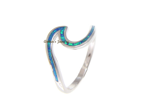 925 Sterling Silver Hawaiian Ocean Wave Shape Blue Opal Ring Size 5-10