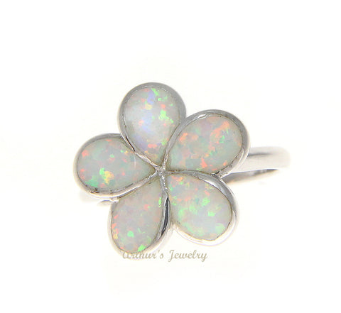925 Sterling Silver Rhodium Hawaiian Plumeria Flower White Opal Ring Size 5-10