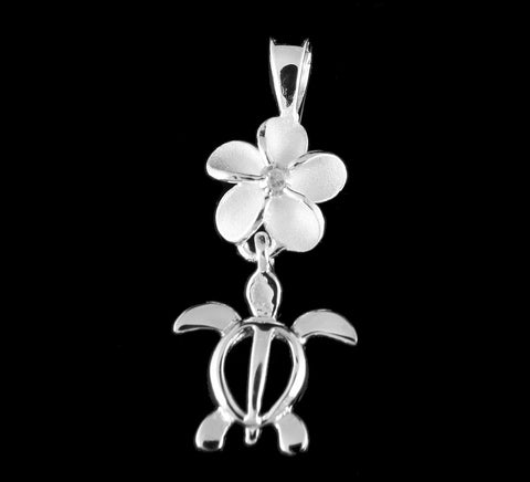 SILVER 925 8MM HAWAIIAN PLUMERIA DANGLE HONU TURTLE PENDANT CZ