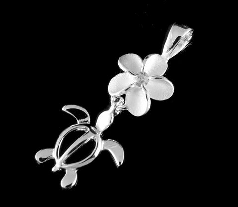 STERLING SILVER 925 8MM HAWAIAIN PLUMERIA FLOWER DANGLE HONU TURTLE PENDANT CZ