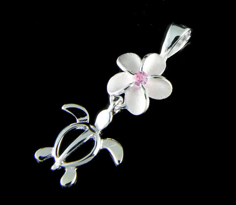 SILVER 925 8MM HAWAIIAN PLUMERIA FLOWER DANGLE TURTLE HONU PENDANT PINK CZ