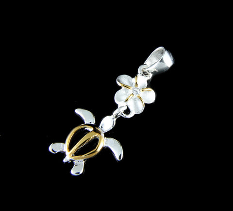 SILVER 925 6MM HAWAIIAN PLUMERIA FLOWER DANGLE HONU TURTLE PENDANT CZ 2T YELLOW