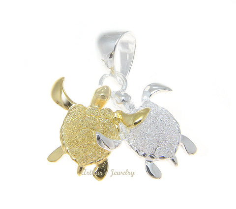 925 STERLING SILVER 2 TONE YELLOW GOLD COUPLE HAWAIIAN SEA TURTLE HONU PENDENT