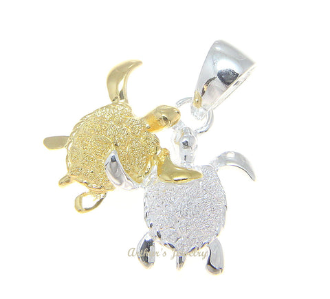 925 STERLING SILVER 2 TONE YELLOW GOLD COUPLE HAWAIIAN SEA TURTLE HONU PENDENT