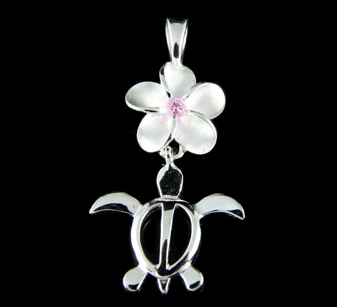 SILVER 925 12MM HAWAIIAN PLUMERIA FLOWER DANGLE HONU TURTLE PENDANT PINK CZ