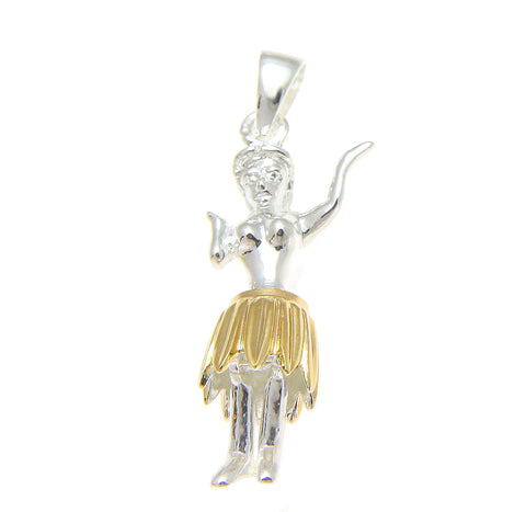 925 Sterling Silver Hawaiian Hula Girl Dancer Movable Yellow Gold 2 Tone Pendant