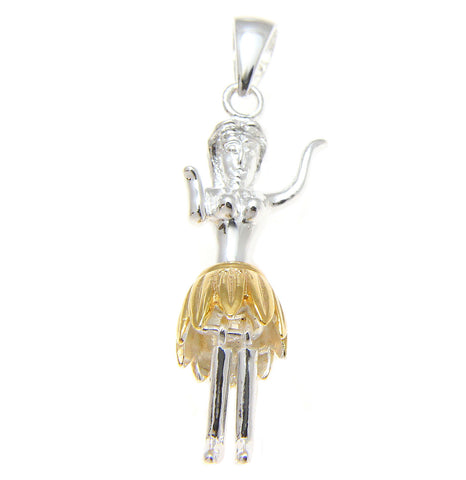 925 Sterling Silver Hawaiian Hula Girl Dancer Movable Yellow Gold 2 Tone Pendant