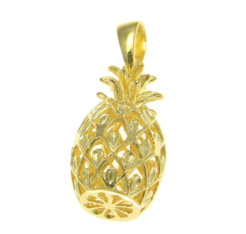 YELLOW GOLD STERLING SILVER 925 HAWAIIAN 3D PINEAPPLE CHARM PENDANT LARGE 14MM