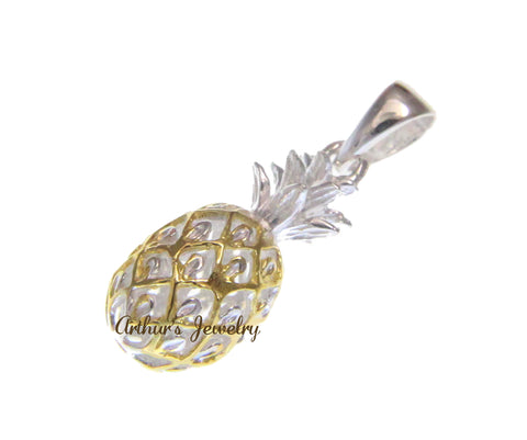 925 STERLING SILVER 2 TONE YELLOW GOLD PLATED 3D HAWAIIAN PINEAPPLE SMALL PENDANT