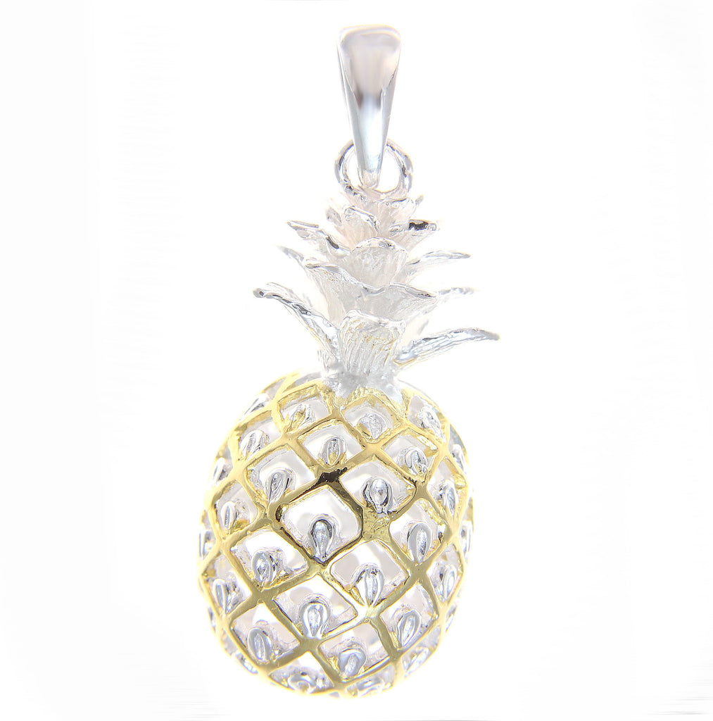 STERLING SILVER 925 EXTRA LARGE HAWAIIAN 3D PINEAPPLE PENDANT 2 TONE YELLOW GOLD