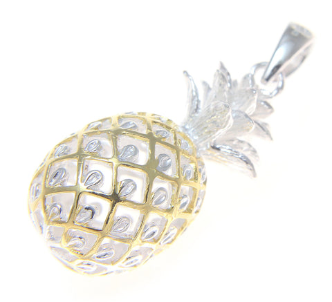 STERLING SILVER 925 EXTRA LARGE HAWAIIAN 3D PINEAPPLE PENDANT 2 TONE YELLOW GOLD