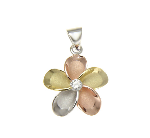 YELLOW ROSE GOLD SILVER 925 TRICOLOR HAWAIIAN PLUMERIA PENDANT CZ 10MM - 30MM