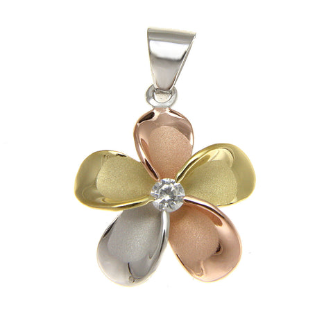 YELLOW ROSE GOLD SILVER 925 TRICOLOR HAWAIIAN PLUMERIA PENDANT CZ 10MM - 30MM