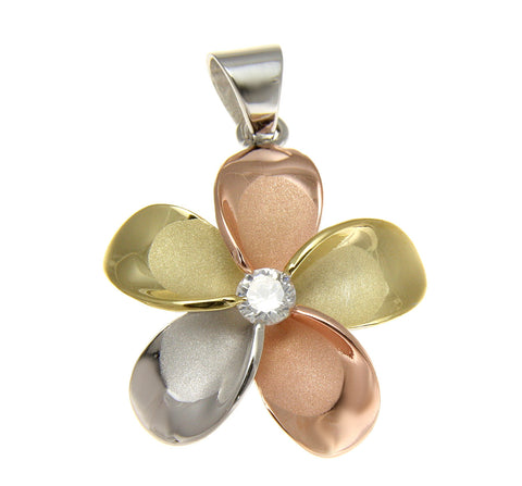 YELLOW ROSE GOLD SILVER 925 TRICOLOR HAWAIIAN PLUMERIA PENDANT CZ 10MM - 30MM