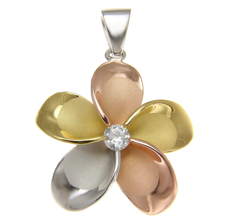 YELLOW ROSE GOLD SILVER 925 TRICOLOR HAWAIIAN PLUMERIA PENDANT CZ 10MM - 30MM