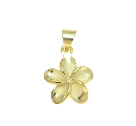 925 Silver Yellow Gold Hawaiian Plumeria Flower No CZ Stone Pendant 10-25mm