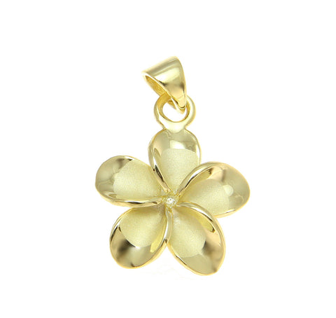 925 Silver Yellow Gold Hawaiian Plumeria Flower No CZ Stone Pendant 10-25mm