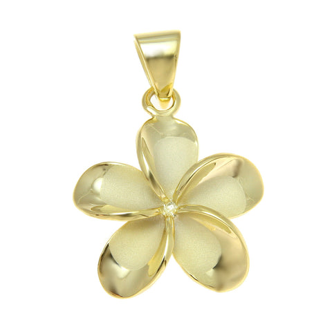 925 Silver Yellow Gold Hawaiian Plumeria Flower No CZ Stone Pendant 10-25mm