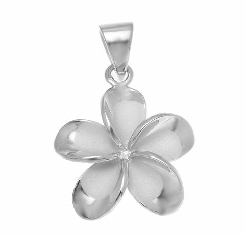 925 Sterling Silver Rhodium Hawaiian Plumeria Flower No CZ Stone Pendant 10-25mm