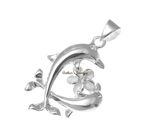 STERLING SILVER 925 HAWAIIAN 2 DOLPHIN PLUMERIA FLOWER PENDANT